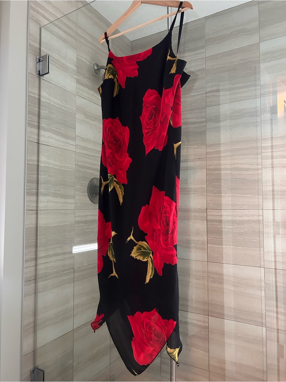 Reitmans Black Slip Dress with Red Rose Print size 11